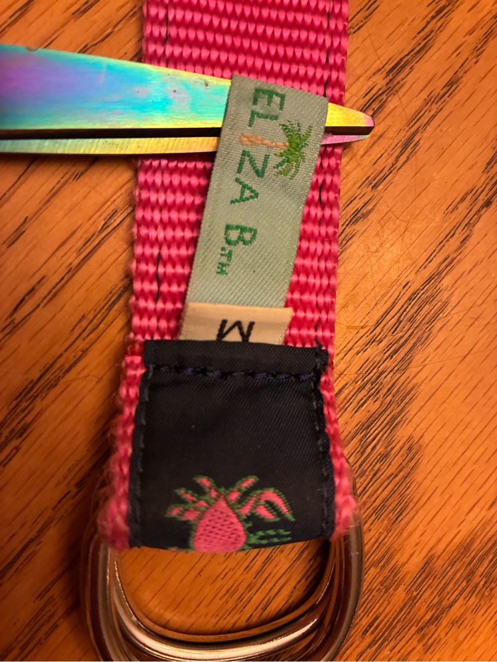 Eliza B by Leatherman Ribbon D-Ring Belt with Pink Floral Trim and pink crabs - Picture 2 of 4
